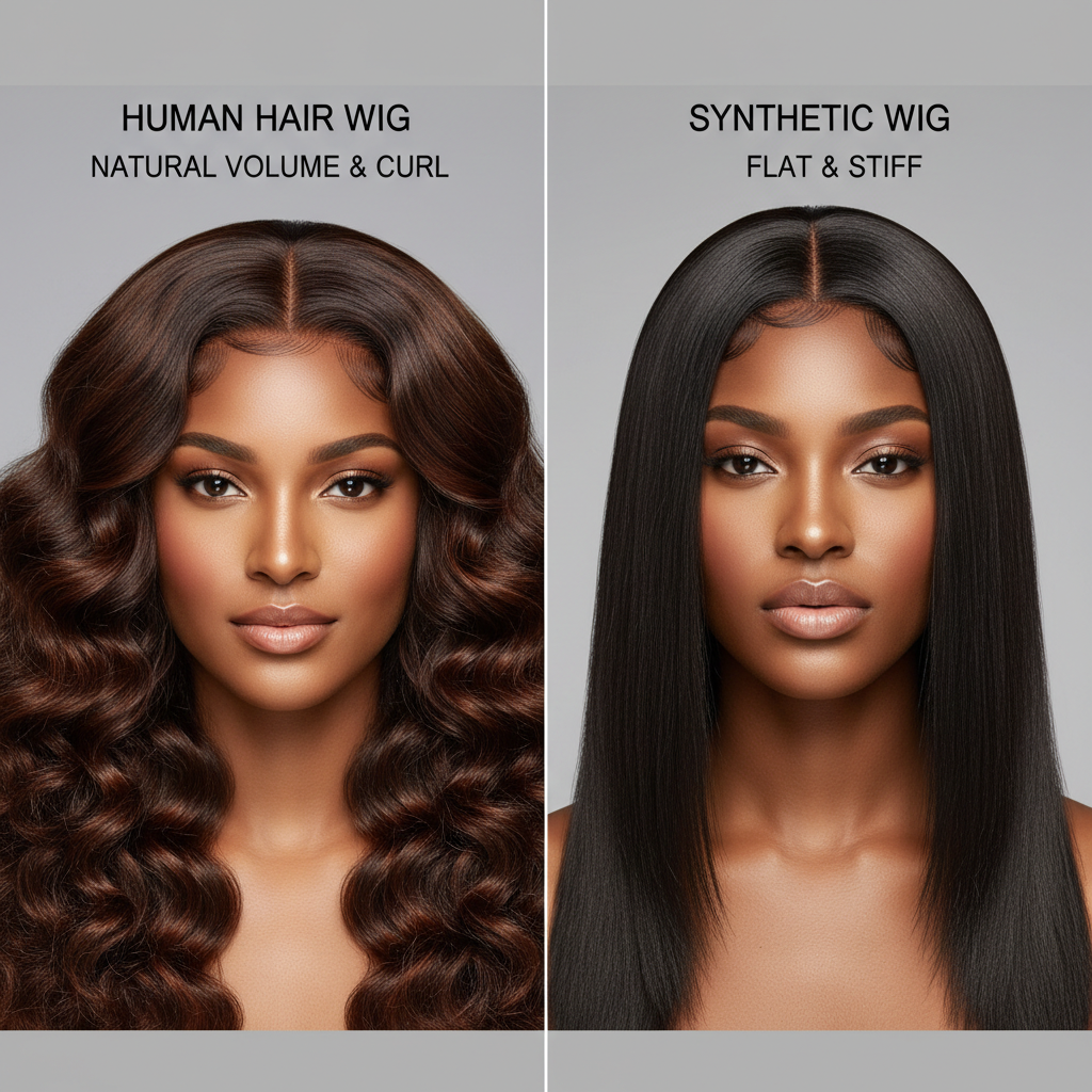 Side-by-side display of human hair wig vs synthetic wig on stands