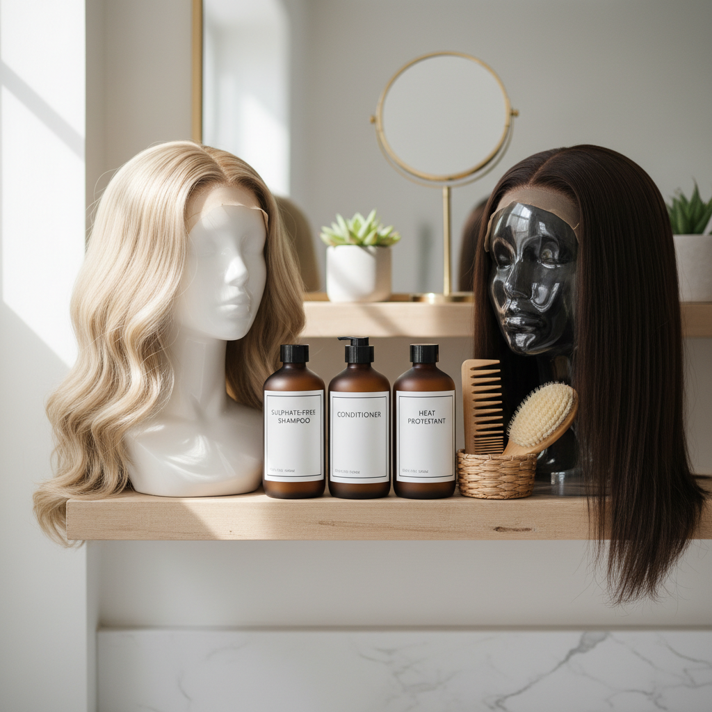 Organised wig care station with stands, brushes, and quality hair products