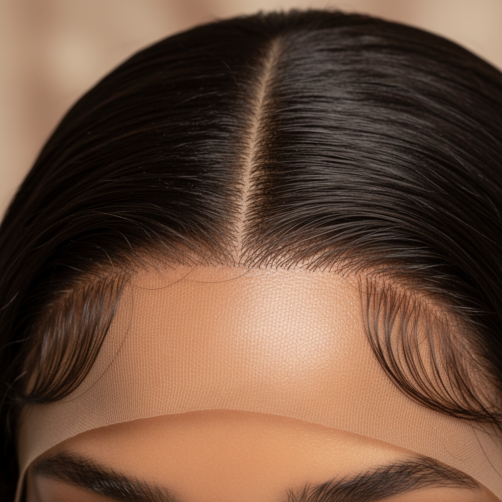 Close-up of natural-looking lace front wig hairline on a model