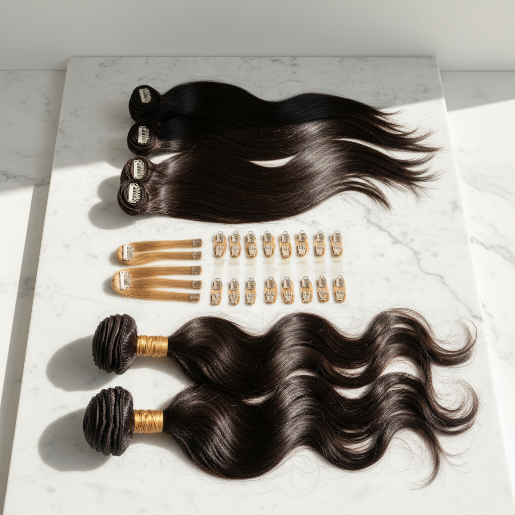 Various Indian human hair extension types arranged on marble surface