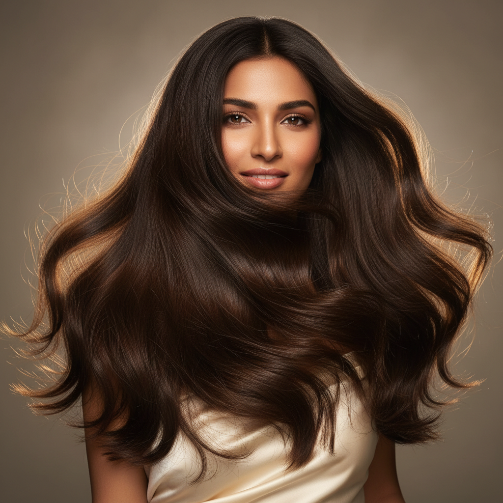 Portrait of woman with lustrous Indian Remy hair extensions