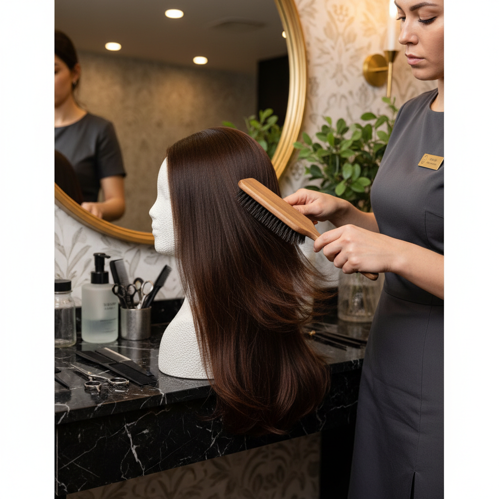 Stylist brushing Indian Remy wig on stand in professional salon