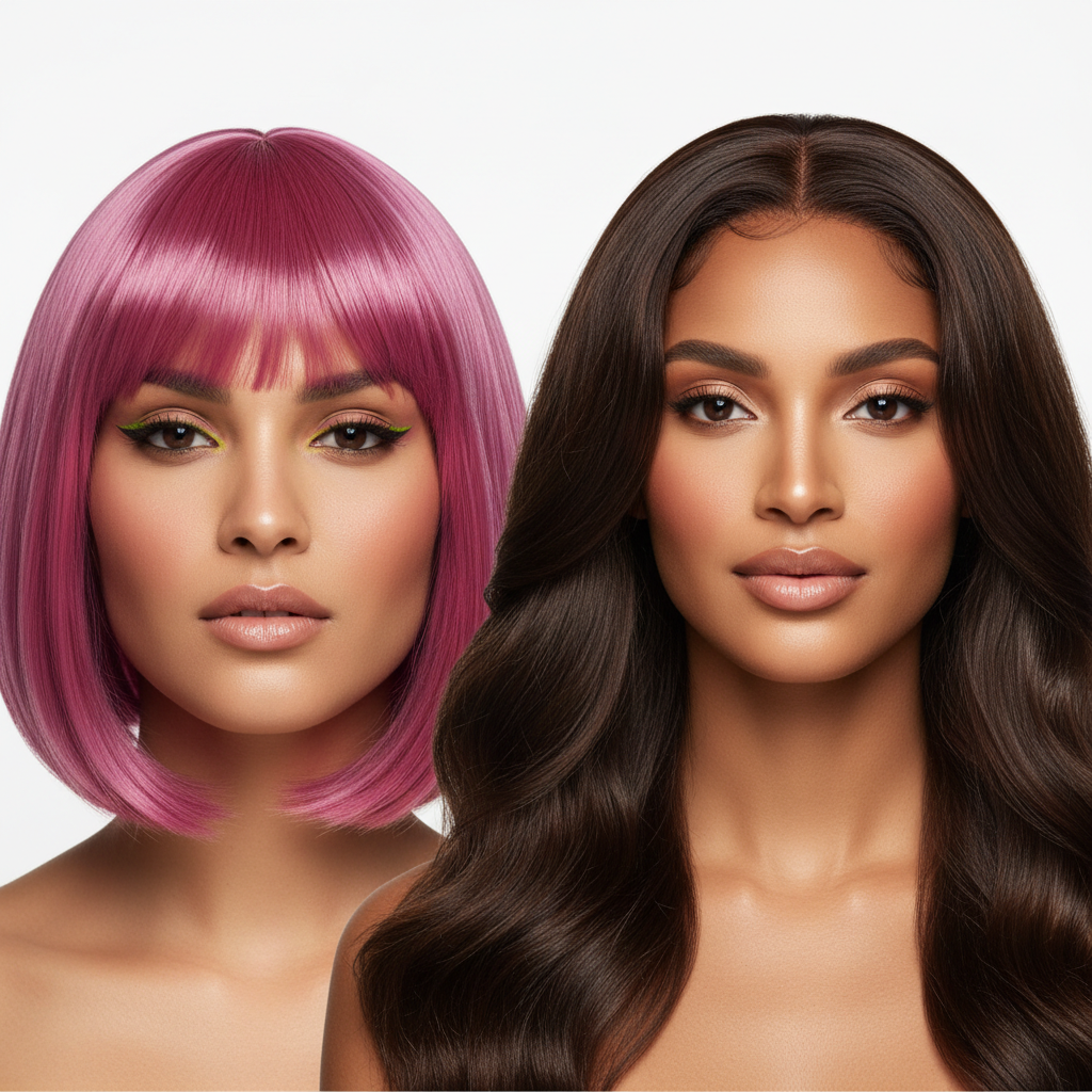 Comparison showing colorful synthetic wig vs natural Indian Remy human hair wig