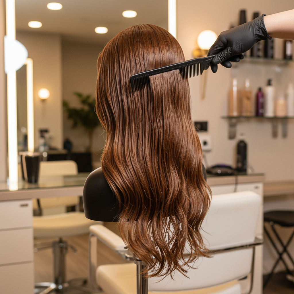 Freshly washed and styled human hair wig being gently combed on stand