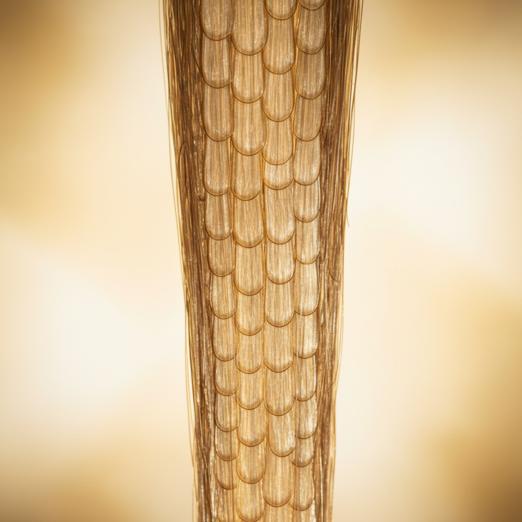 Close-up macro of Indian Remy hair cuticle alignment catching golden light