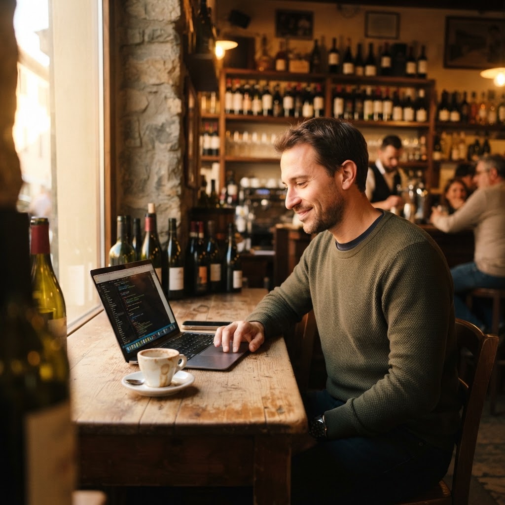 Cliente comodamente al bar che compila la richiesta sul sito
