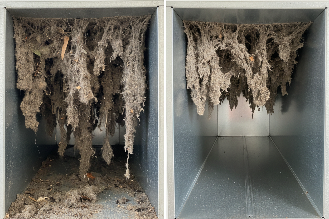 Air duct before and after professional cleaning