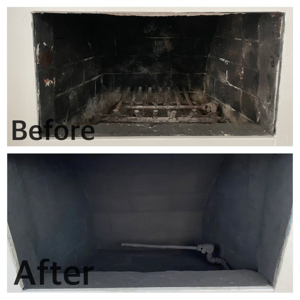 Chimney firebox before and after cleaning — dramatic results
