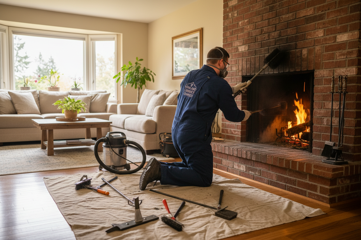 Chimney cleaning in progress at a Kirkland home