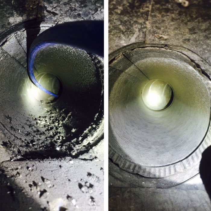 Dryer vent before and after cleaning with brush tool