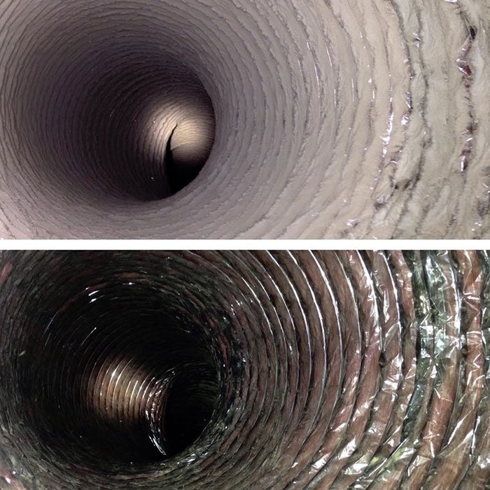 Dryer vent duct interior before and after cleaning