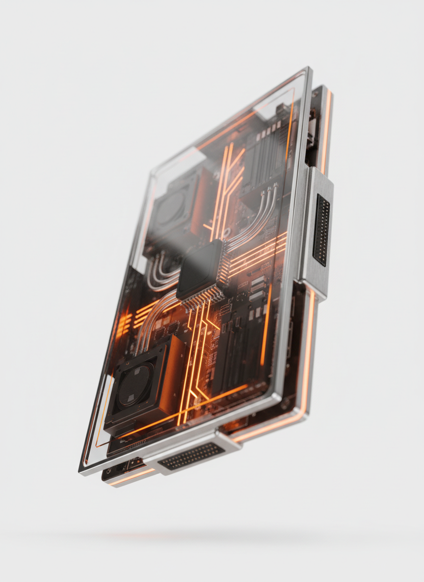 Futuristic server blade with orange LED accents