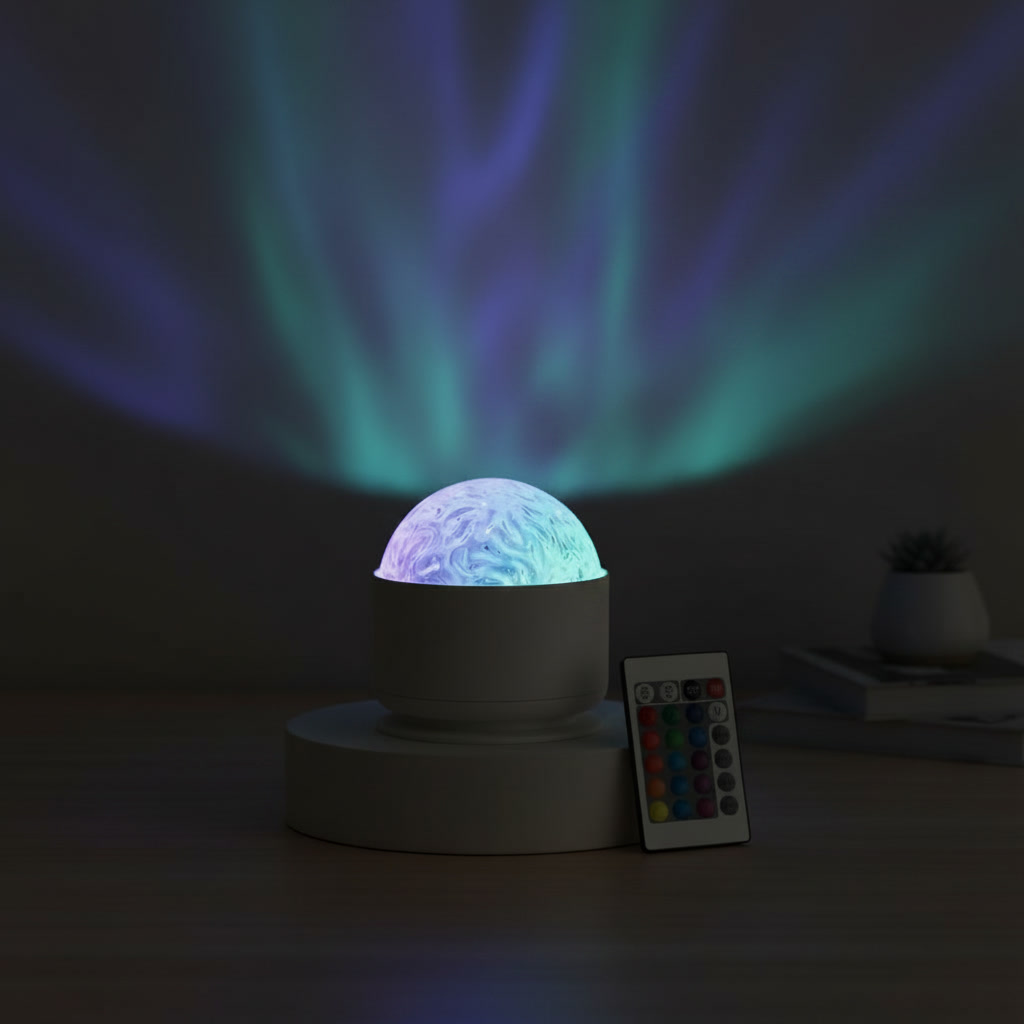 Aurora projector casting colored light across a dark room