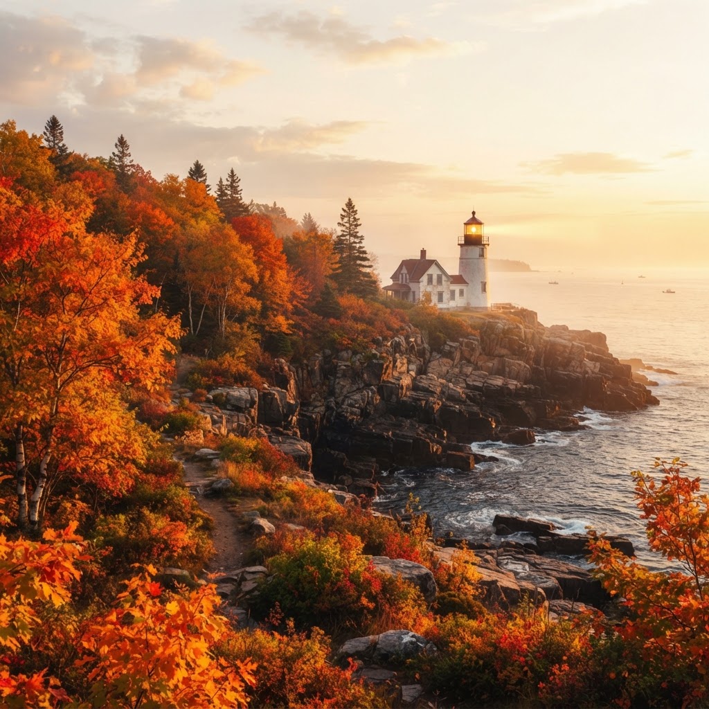A lighthouse on a Maine cliff at dusk with golden light piercing through coastal fog