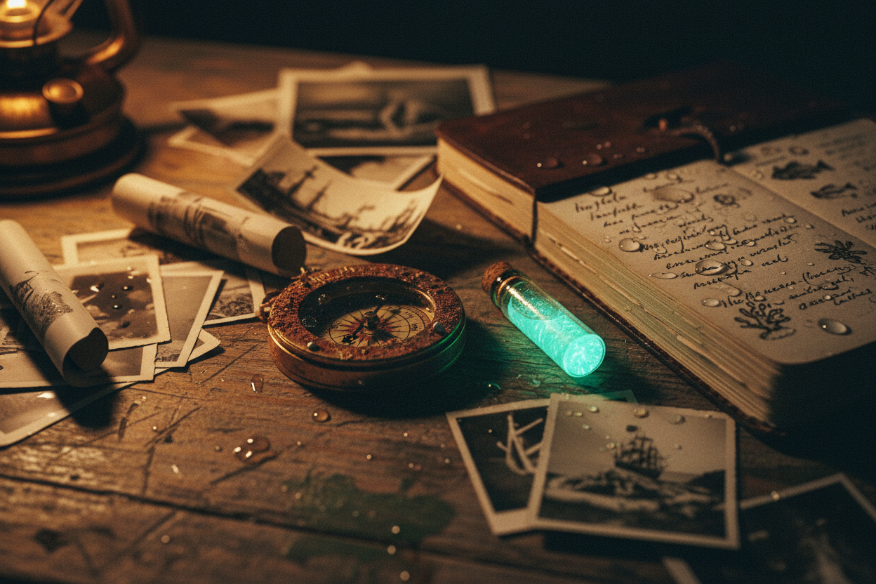 Marine biologist tools on a weathered desk: compass, notebook, and glowing seawater vial