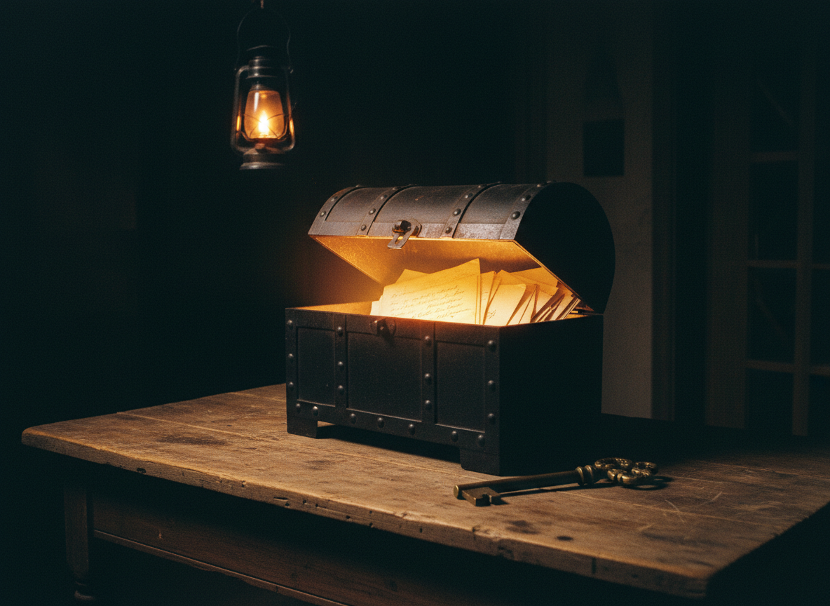 An old iron chest partially open, revealing glowing light and old letters inside