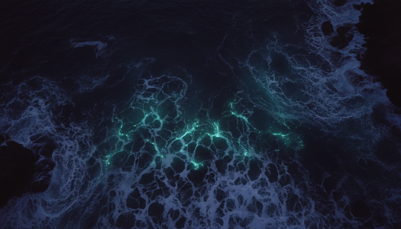 Dark Atlantic ocean waves with bioluminescent glow