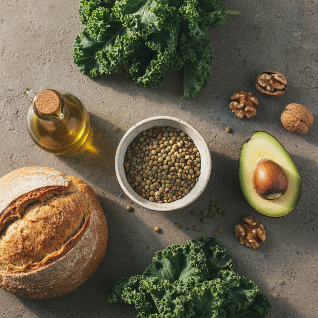 Overhead flat lay of whole food ingredients including walnuts, lentils, avocado and kale