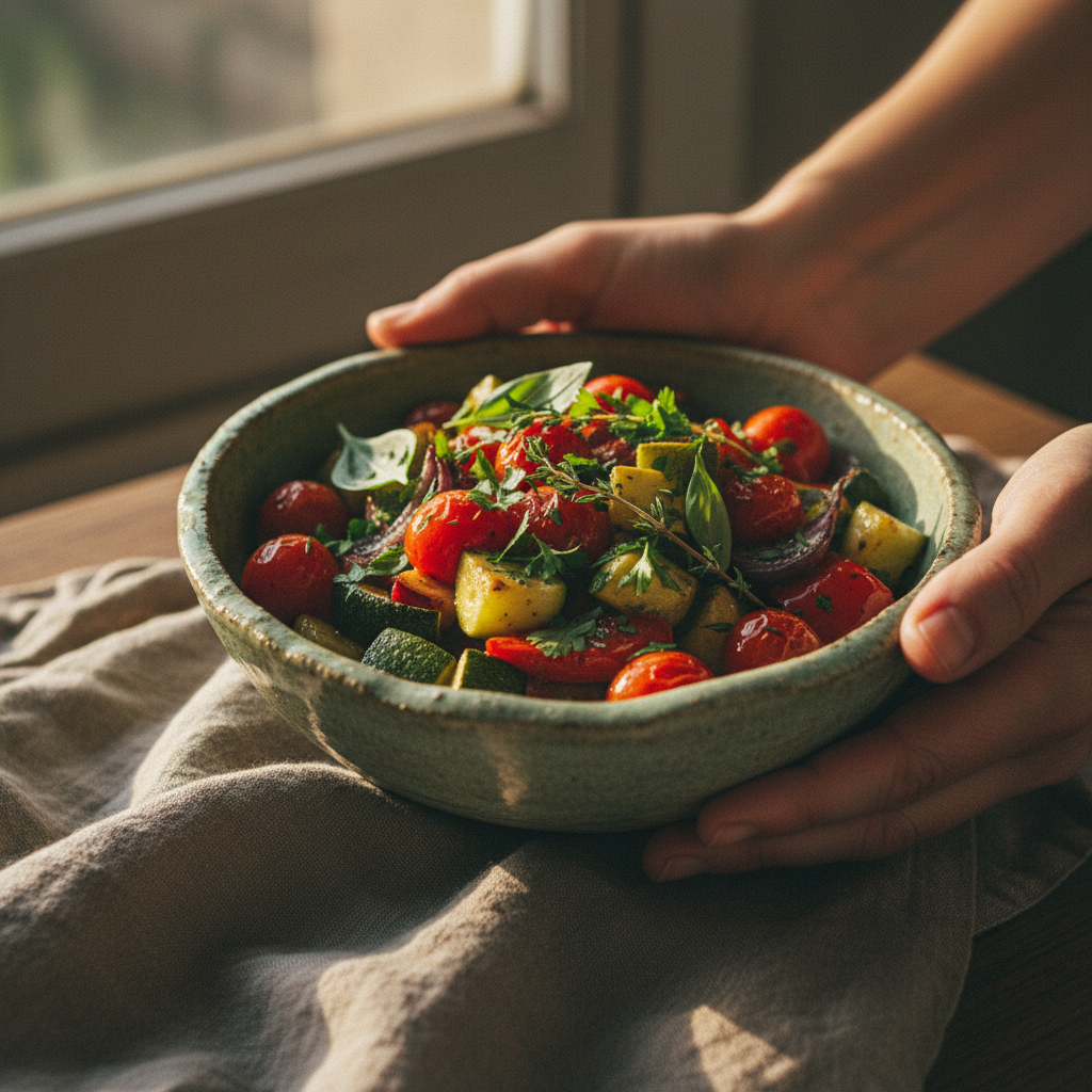 Hands holding a bowl of colourful roasted vegetables