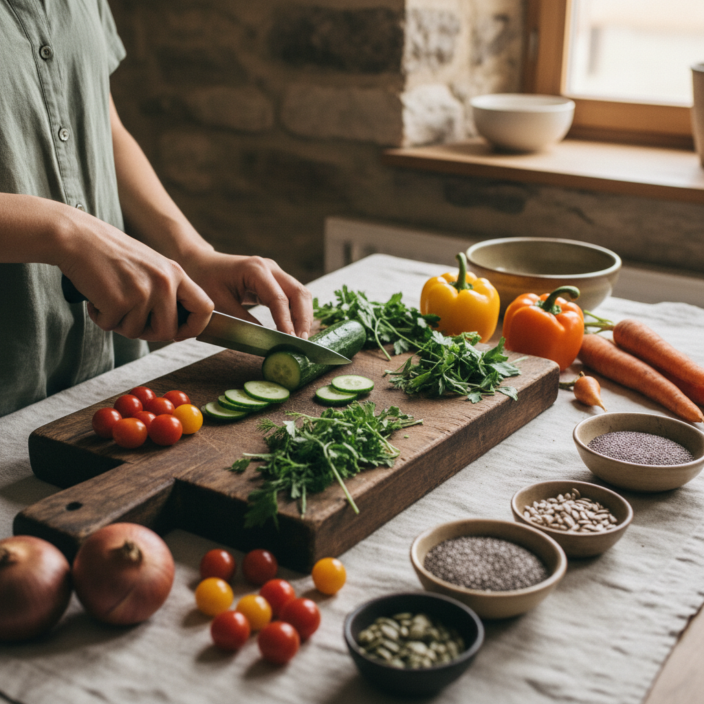 Hands slicing vegetables on a wooden chopping board