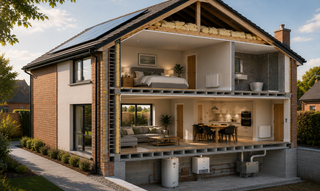 Cross-section illustration of a home showing roof insulation, heating, glazing and utilities assessed during an EPC