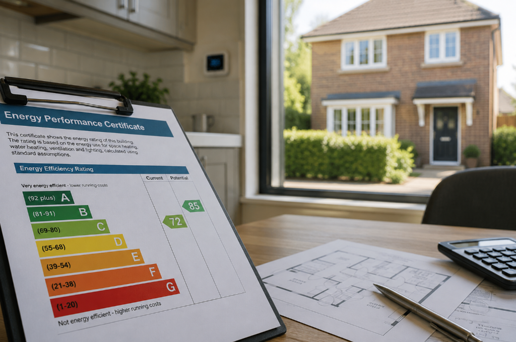 Energy Performance Certificate document with EPC rating scale, floor plan and calculator on a desk