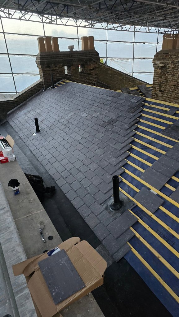 Aerial overview of completed roofing project by Bumblebee Roofing