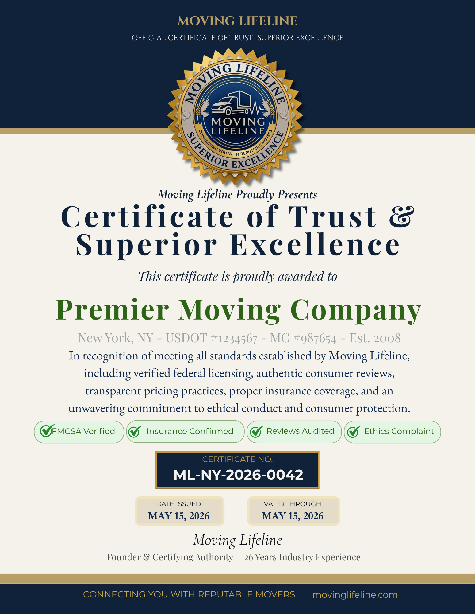 Moving Lifeline Certificate of Trust & Superior Excellence