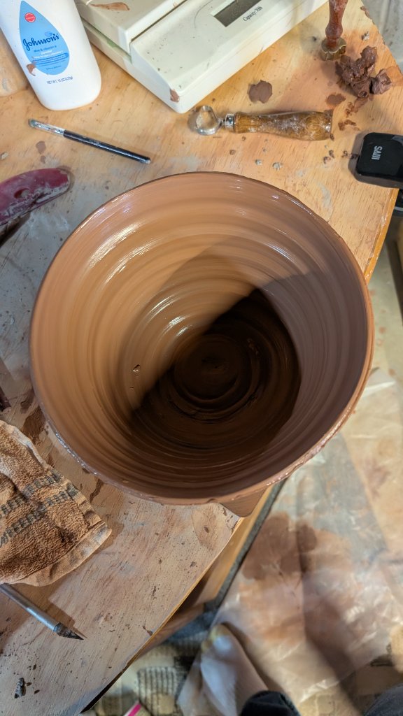 Overhead view of large clay bowl interior