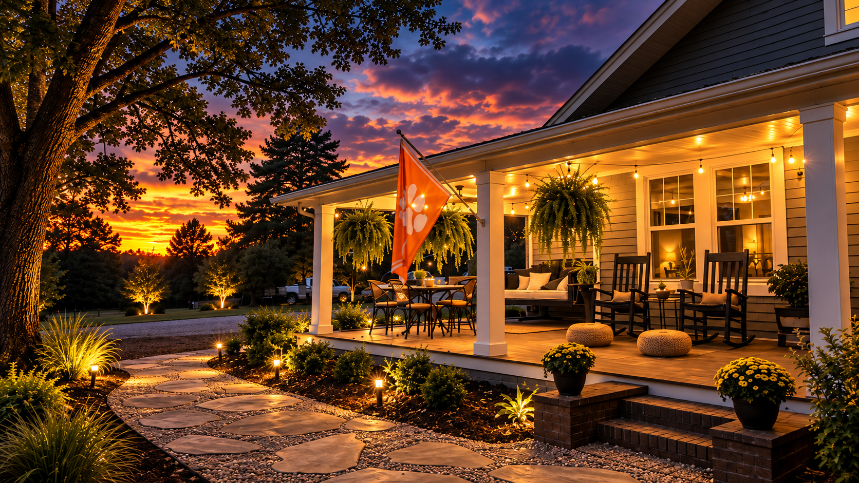 A welcoming house porch glowing at sunset