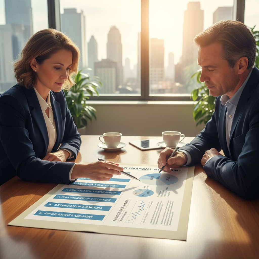 Consultor financiero explicando los pasos de asesoría