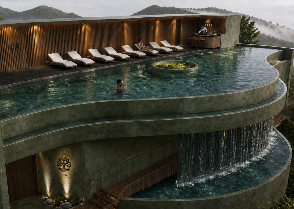 Cascading pool levels with mountain backdrop
