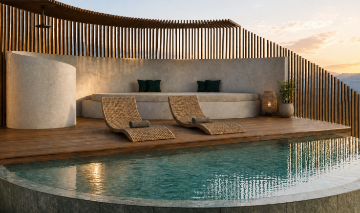 Private pool deck with integrated seating