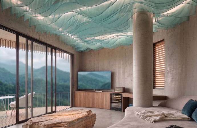 Suite interior — sculptural ceiling, raw concrete, timber