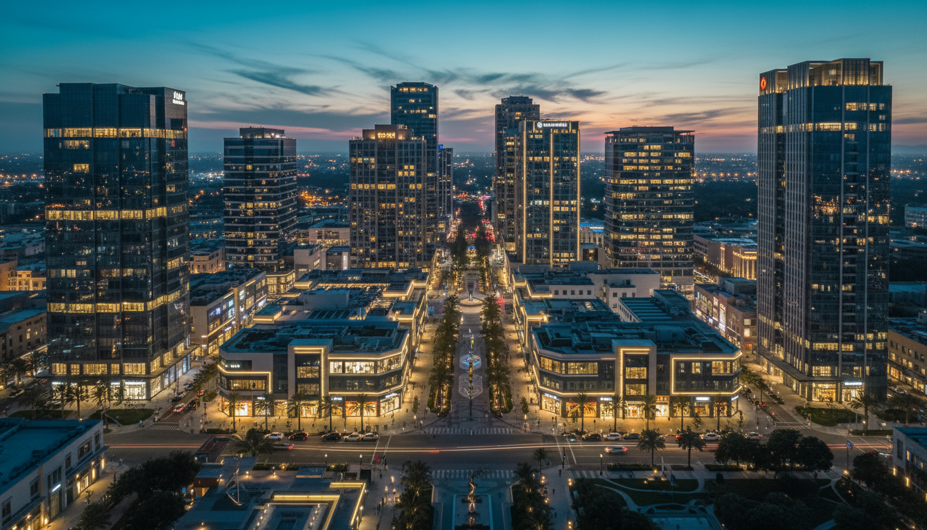 Modern commercial district at dusk