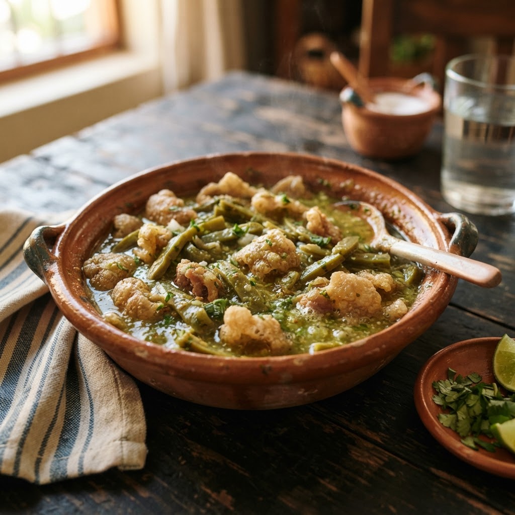 Chicharrones con Nopal en Chile Verde