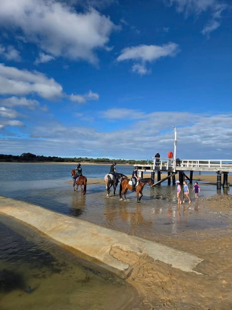 Riders splashing through the water on a trail ride