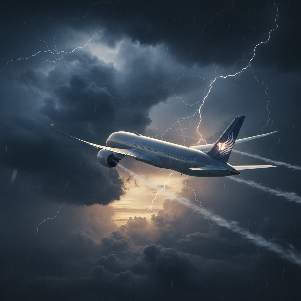 Airplane flying through turbulent stormy skies