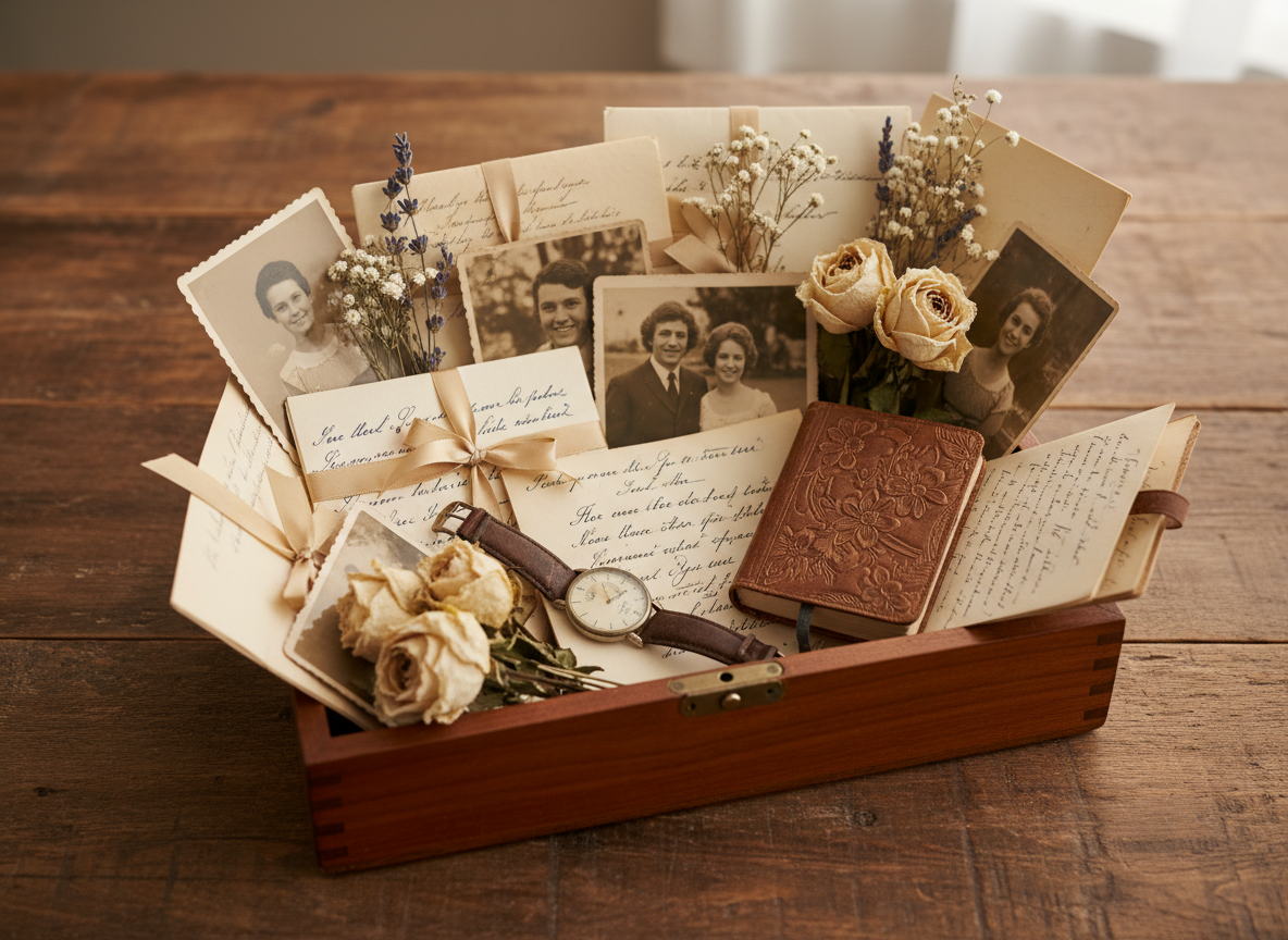 Curated memory box with photographs and letters