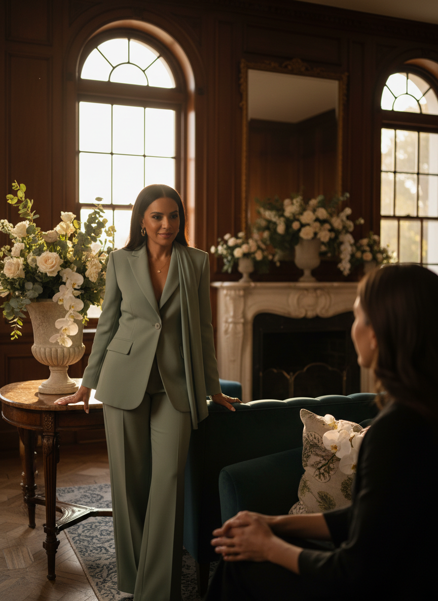 Inspiring mentor in sage green connecting with women and sharing wisdom