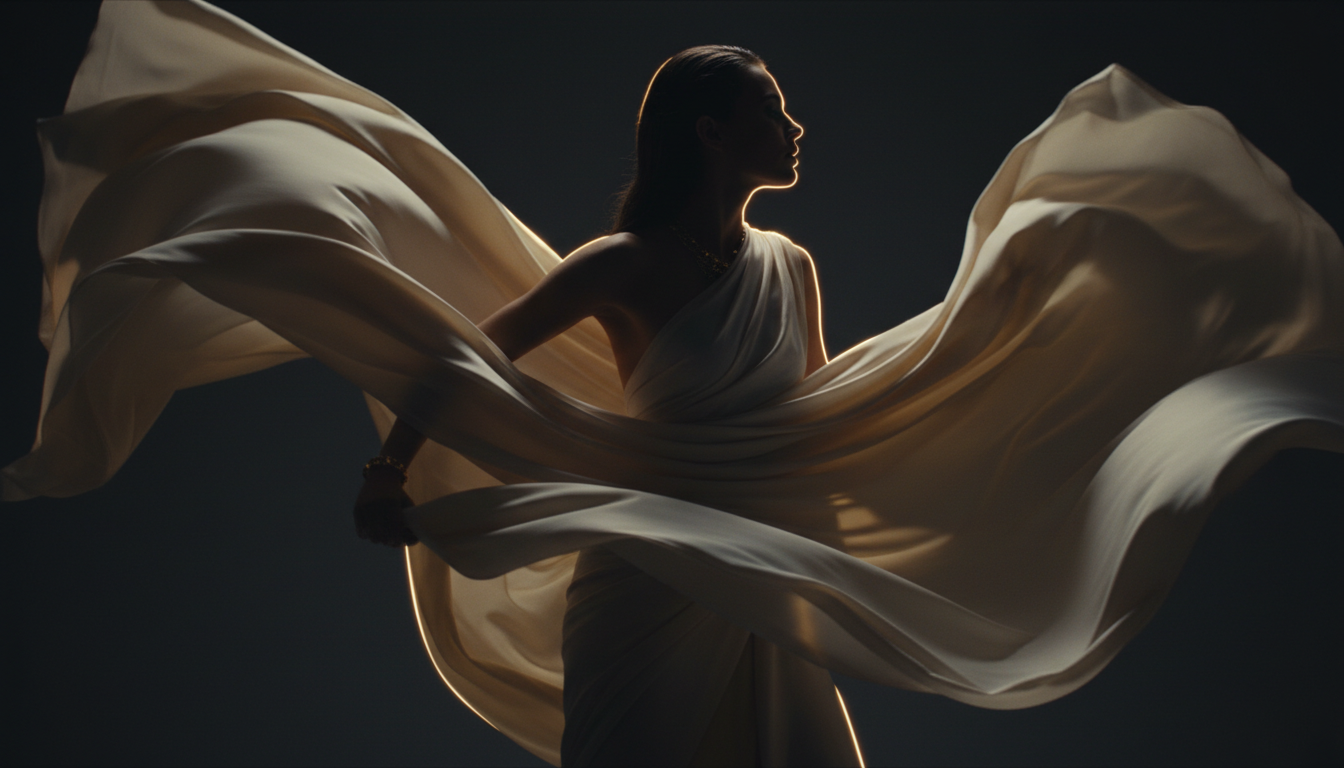 Cinematic luxury fashion silhouette with dramatic golden lighting