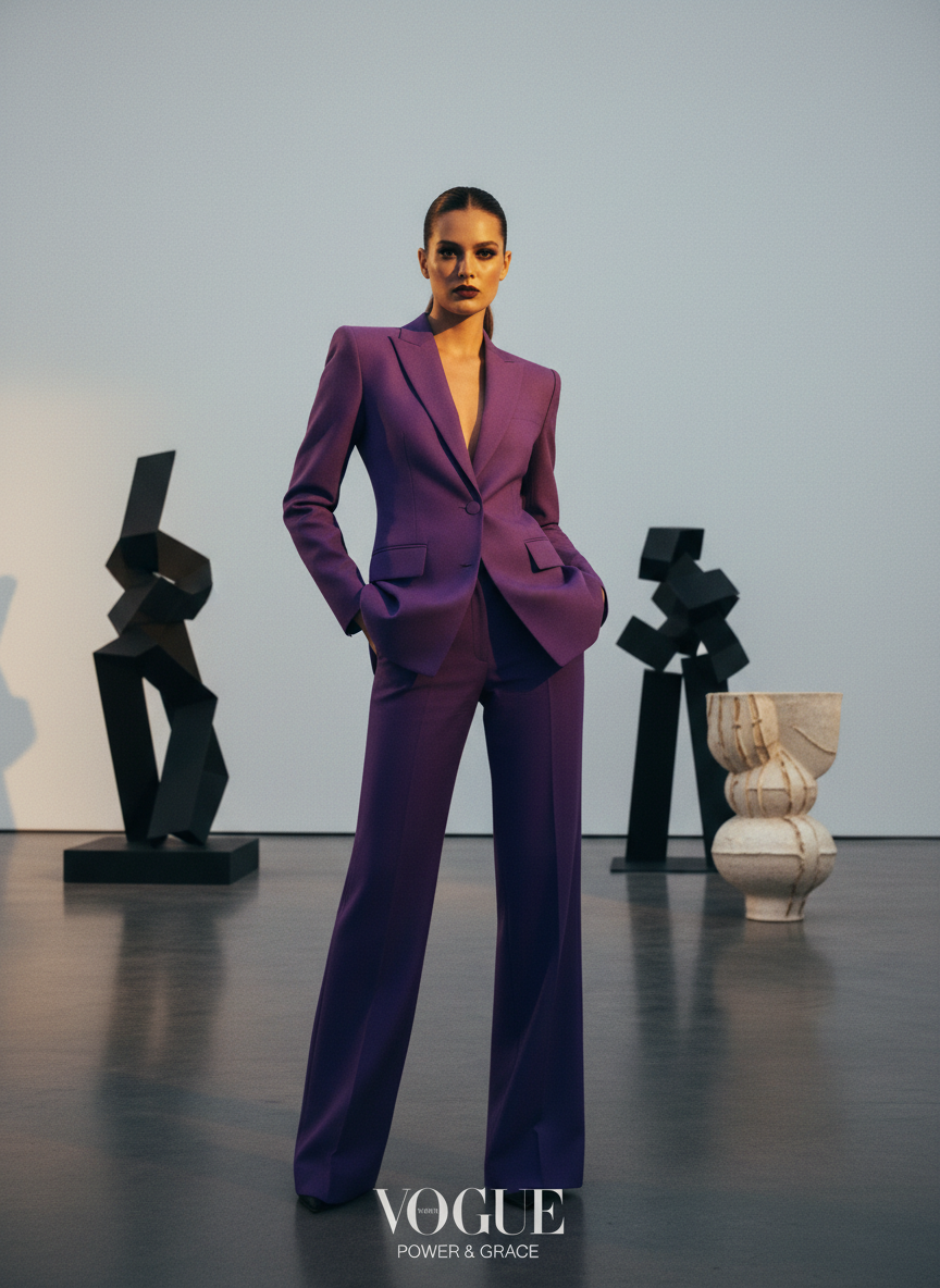 Confident woman in a royal purple suit representing fashion styling expertise