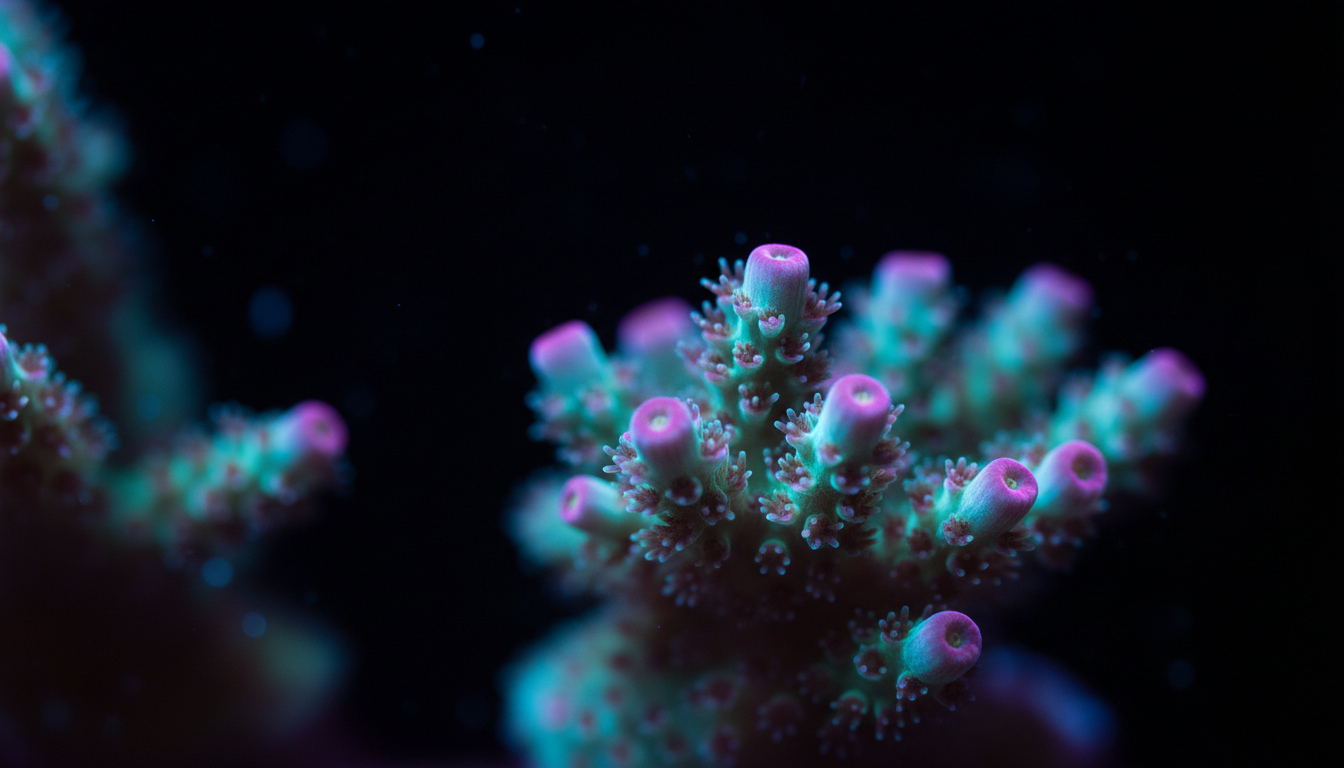 Vibrant reef coral under actinic lighting
