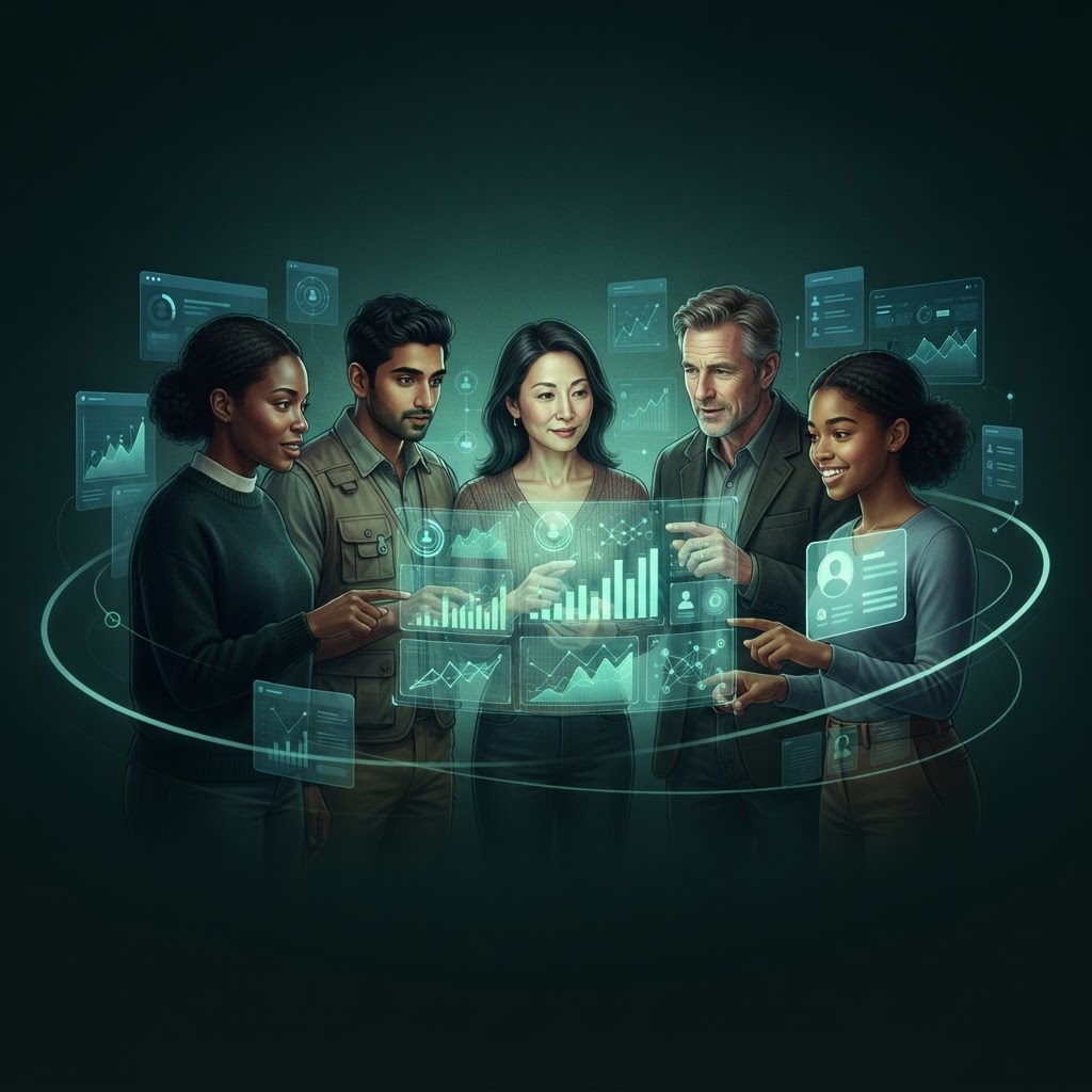 Members gathered around a glowing community data display