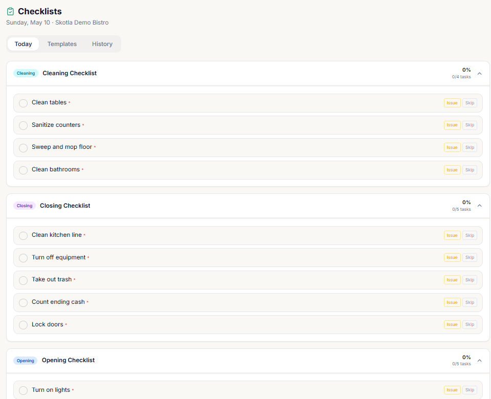 Daily opening, closing, and cleaning checklists