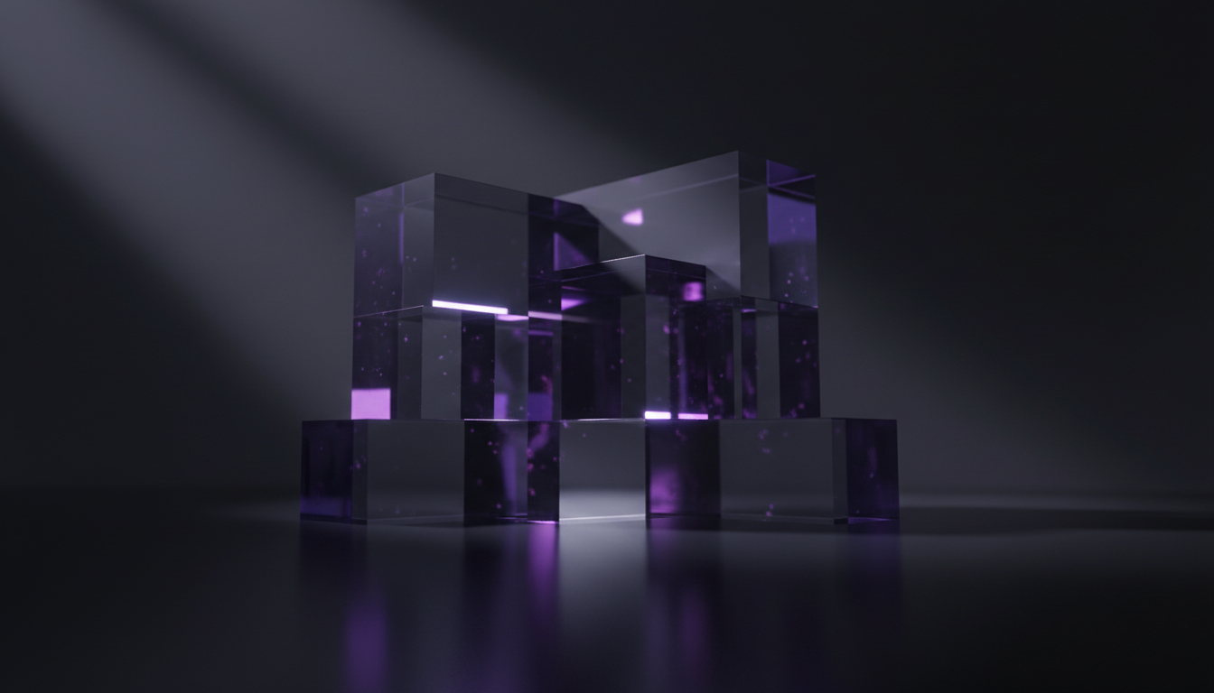 Abstract 3D glass monolithic blocks with violet lighting