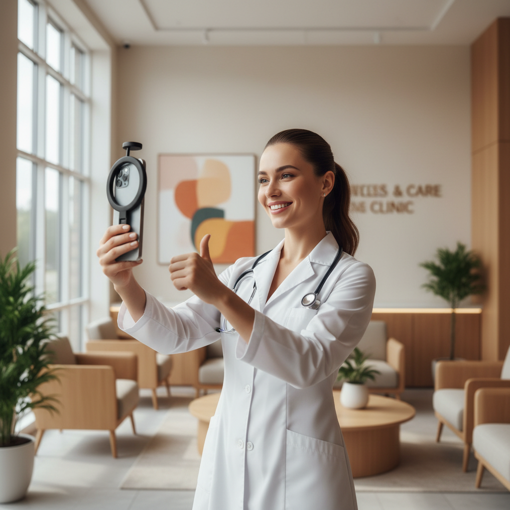 Profesional de salud feliz usando tecnología