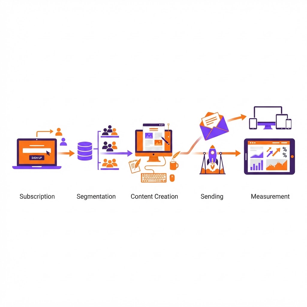 Email marketing folyamata: feliratkozás, szegmentálás, tartalom, küldés, mérés