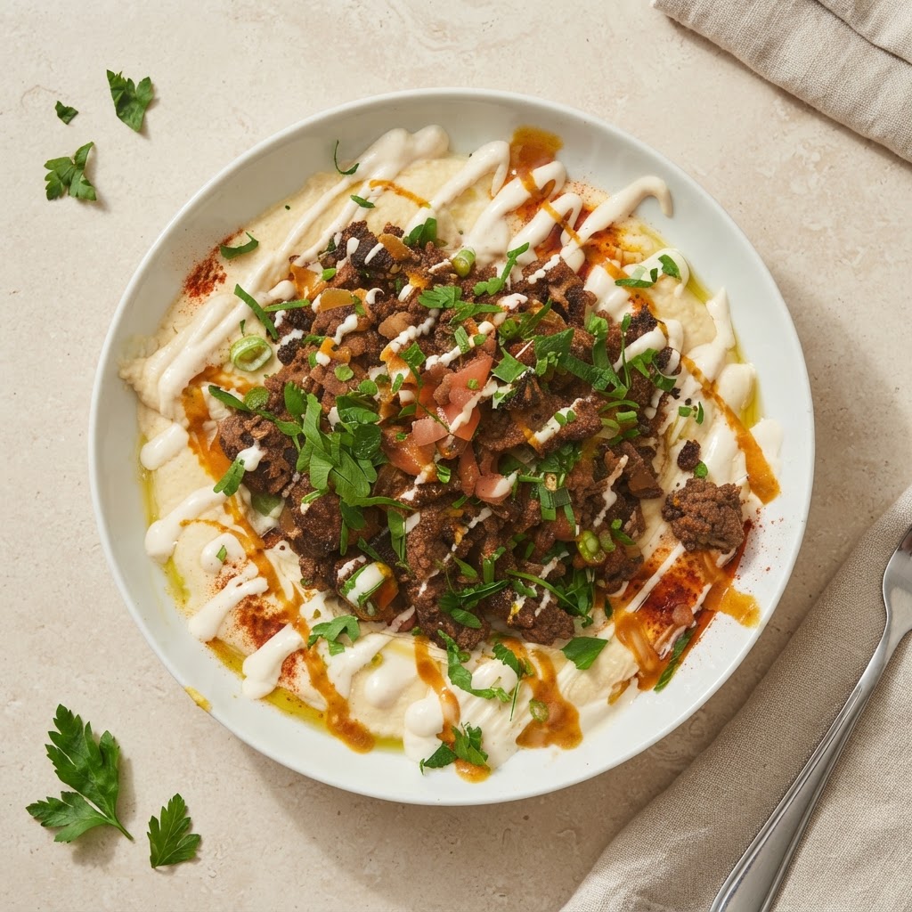 Hummus mit gegrilltem Gemüse und Vleisch