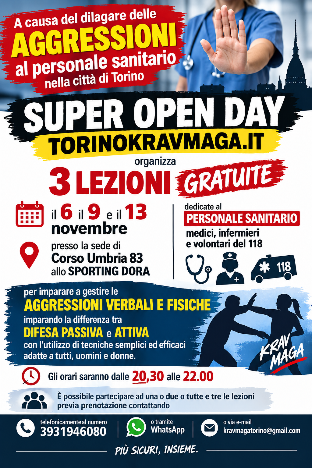 Super Open Day Torino per il personale sanitario: 3 lezioni gratuite di difesa personale e Krav Maga il 6, 9 e 13 novembre allo Sporting Dora